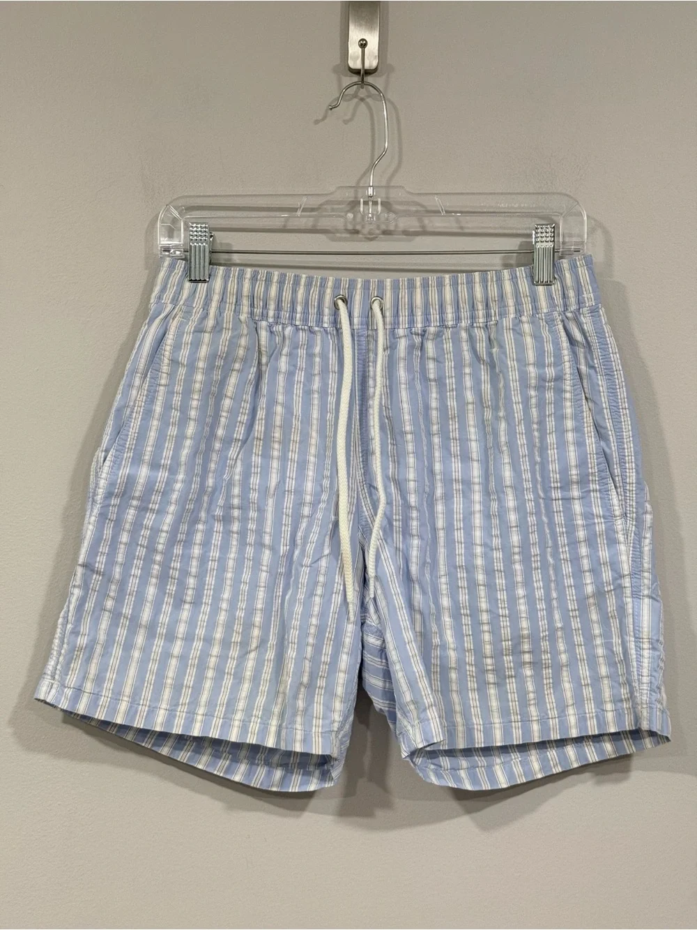 Men’s J. Crew Blue/White Striped 6” Swim Trunks S NWT